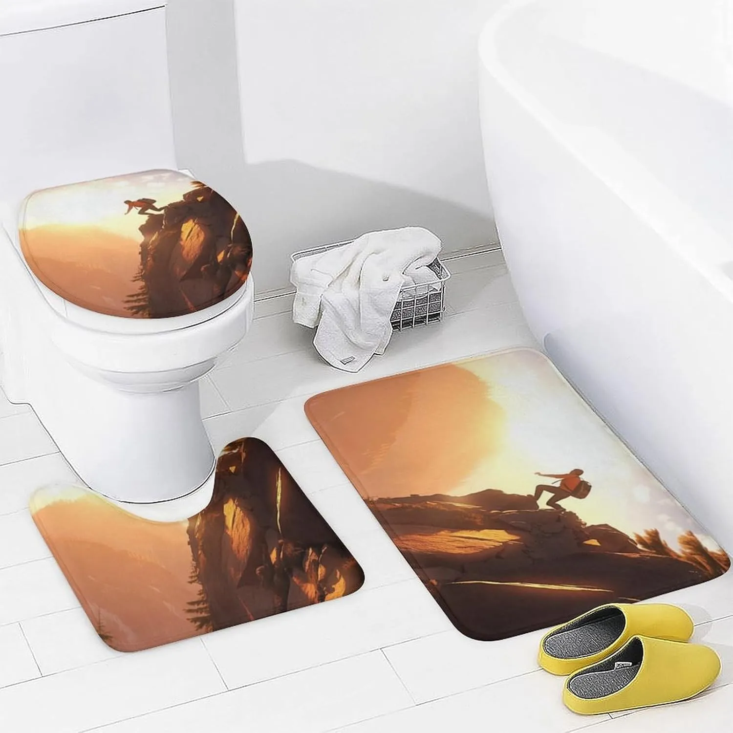 4Pcs Climbing Athlete Shower Curtain Sets with Rugs, Toilet Lid Cover and Bath Mat, Sunset Sky Mountain Forest Bathroom Shower Curtains Set with 12 Hooks