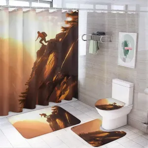 4Pcs Climbing Athlete Shower Curtain Sets with Rugs, Toilet Lid Cover and Bath Mat, Sunset Sky Mountain Forest Bathroom Shower Curtains Set with 12 Hooks