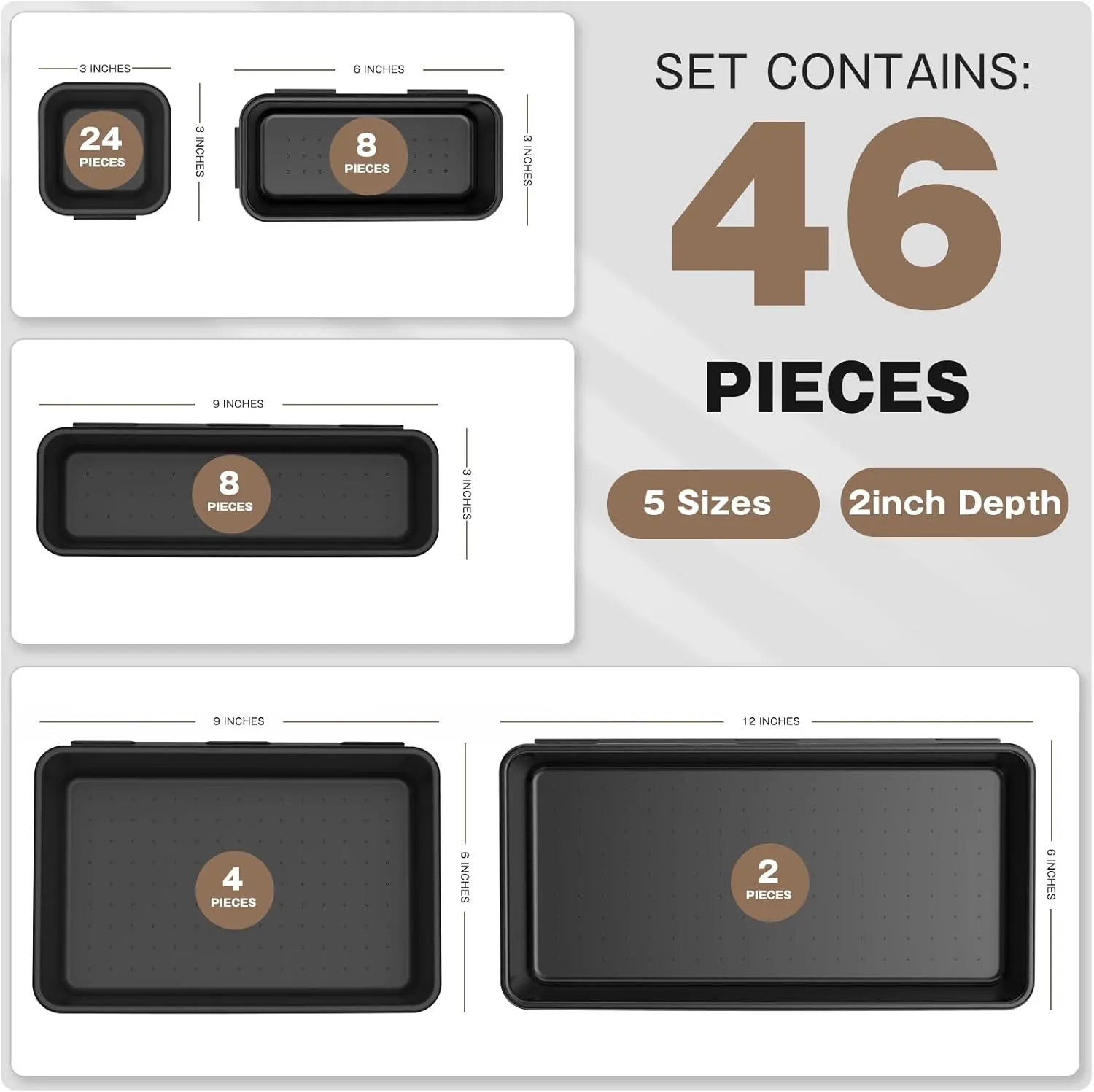 【𝟰𝟲𝗣𝗖𝗦】【5 Size】A-LUGEI Tool Box Organizer Tray Divider Set, 【Black】 Desk Drawer Organizer, Garage Organization and Storage Toolbox Accessories Rolling Tool Chest Cart Cabinet WorkBench Small Part