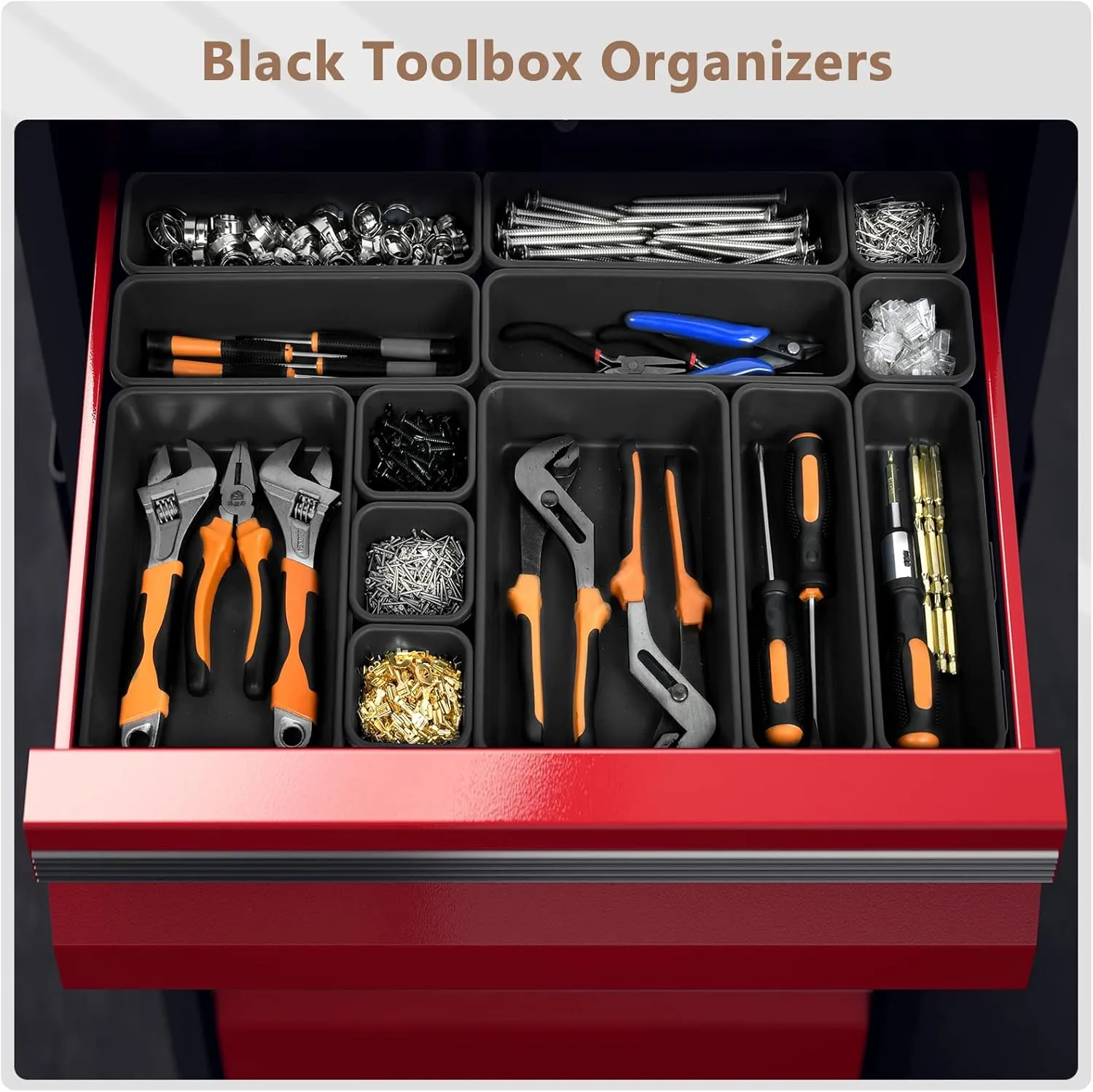 【𝟰𝟲𝗣𝗖𝗦】【5 Size】A-LUGEI Tool Box Organizer Tray Divider Set, 【Black】 Desk Drawer Organizer, Garage Organization and Storage Toolbox Accessories Rolling Tool Chest Cart Cabinet WorkBench Small Part