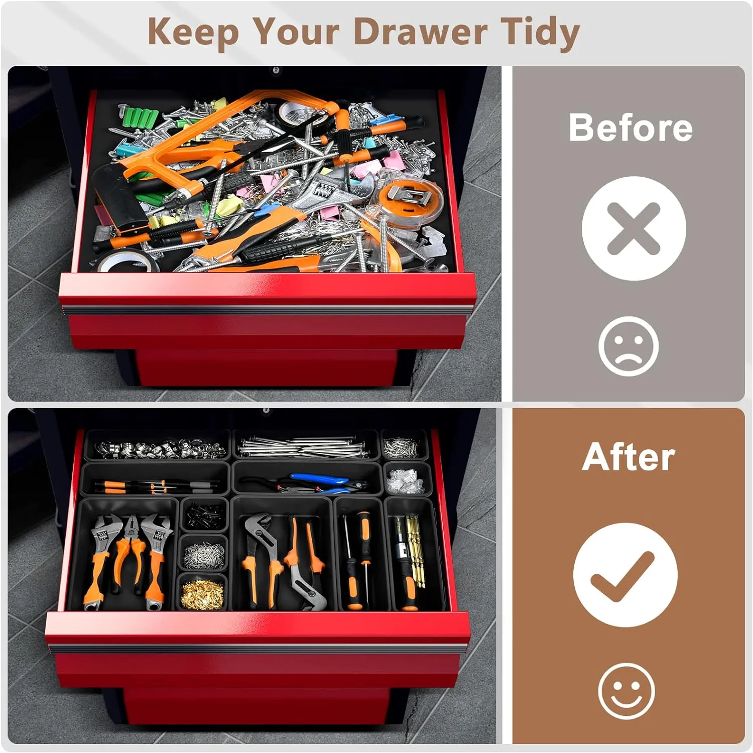 【𝟰𝟲𝗣𝗖𝗦】【5 Size】A-LUGEI Tool Box Organizer Tray Divider Set, 【Black】 Desk Drawer Organizer, Garage Organization and Storage Toolbox Accessories Rolling Tool Chest Cart Cabinet WorkBench Small Part