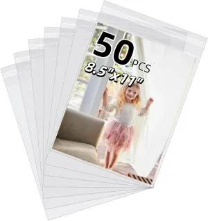 50 Pack Acid-Free Plastic Sleeves, Crystal Clear Sleeves Storage Bags for 8.5x11 Photos, Art Prints, Picture Mats and Frames (Bag Size: 9"x11 3/7")