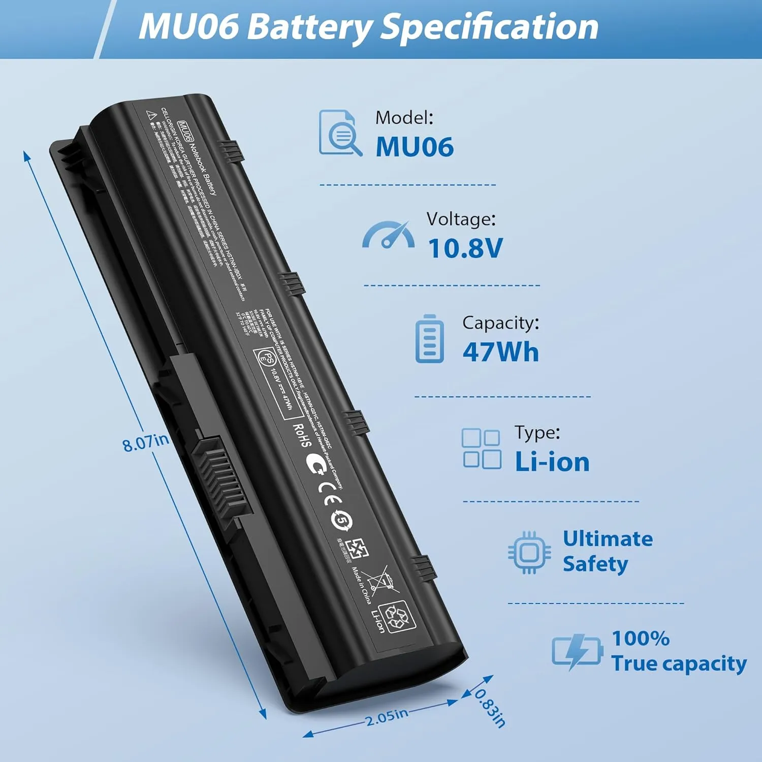 593553-001 593554-001 MU06 MU09 Laptop Battery for HP Pavilion G6 G7 G62 G72 G4/2000 Notebook PC/DM4 DV3 DV5 DV6 DV7/Compaq Presario CQ32 CQ42 CQ43 CQ56 CQ57 CQ62 CQ72 435 436[10.8V 5200mAh 6Cell]