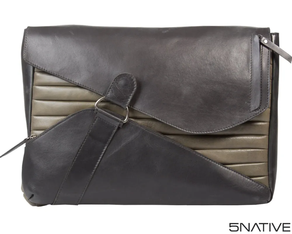5NATIVE BLACK AND GREY EAST WEST LEATHER MESSENGER BAG