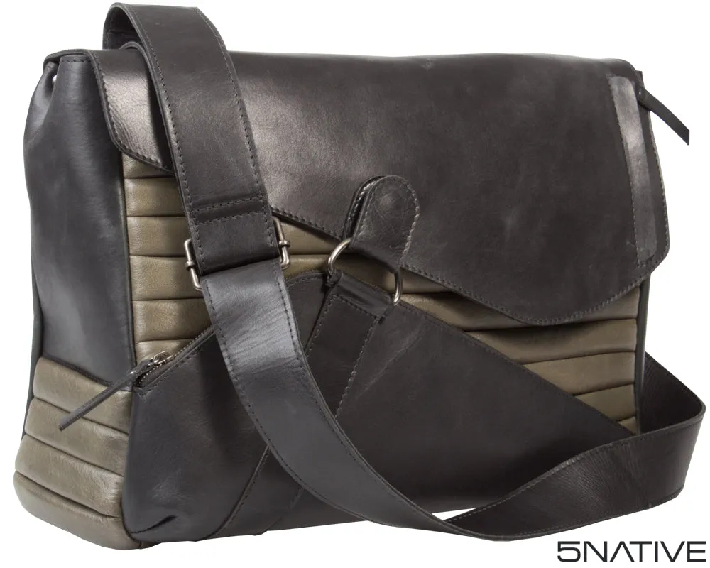 5NATIVE BLACK AND GREY EAST WEST LEATHER MESSENGER BAG