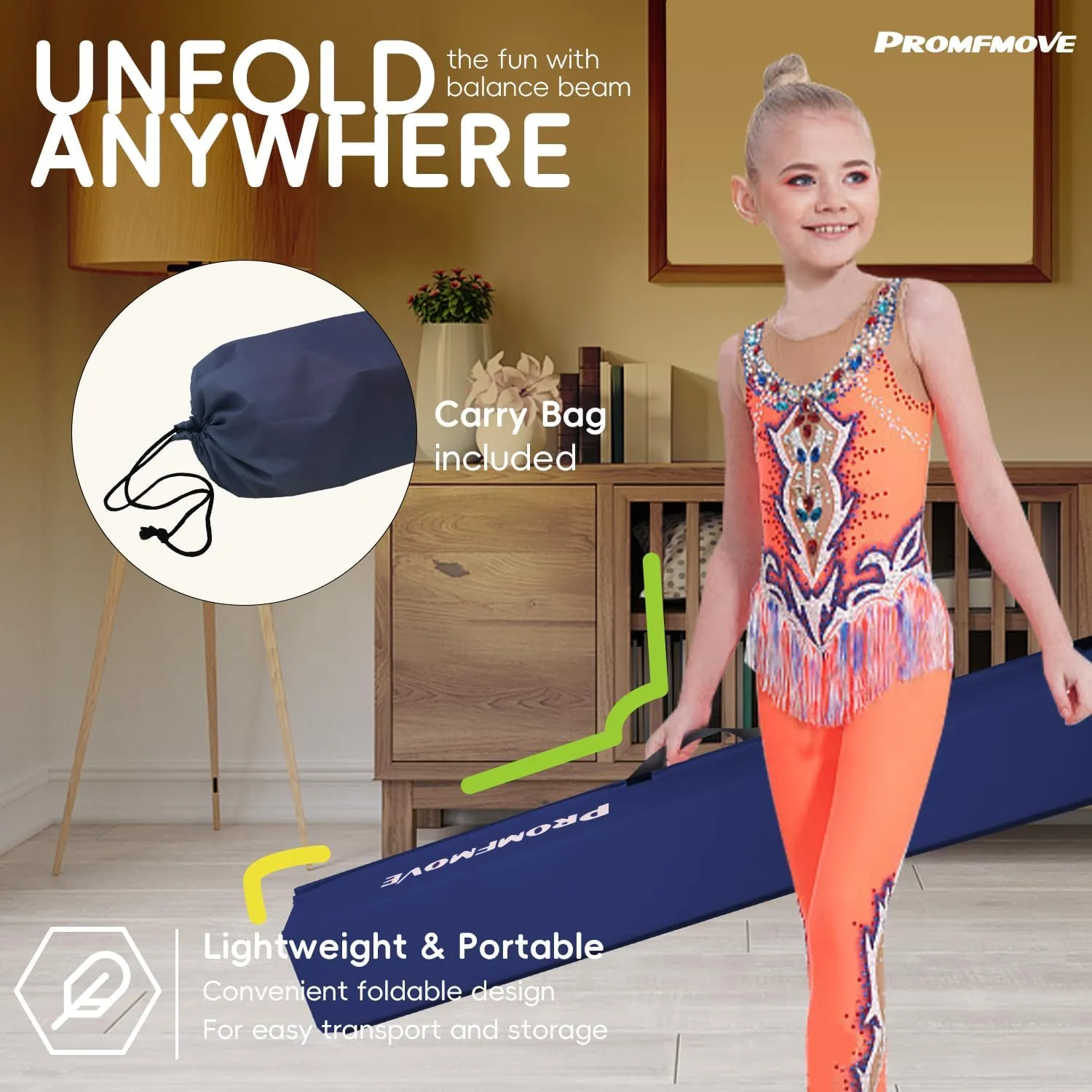 6 FT / 8 FT / 9 FT /10 FT Balance Beam Folding Gymnastics Beam - Extra Firm - PU Leather Cover - Anti Slip Bottom with Carry Bag for Kids/Adults Home Use