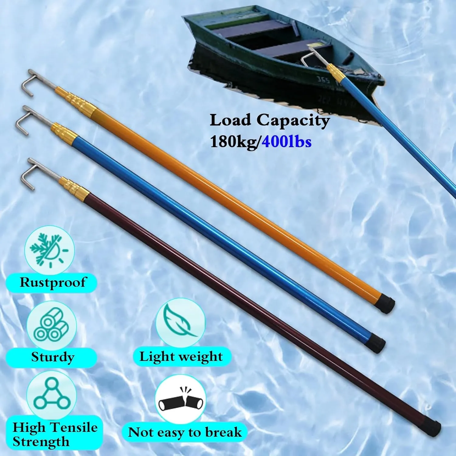 6 Pack Commercial Multifunctional Boat Hook Pole, Telescopic Rescue Pull Poles Equipment Heavy Duty for Drowning Victims, Professional & Utility Cargo Gripping Tool(Brown,4M/13.1FT)