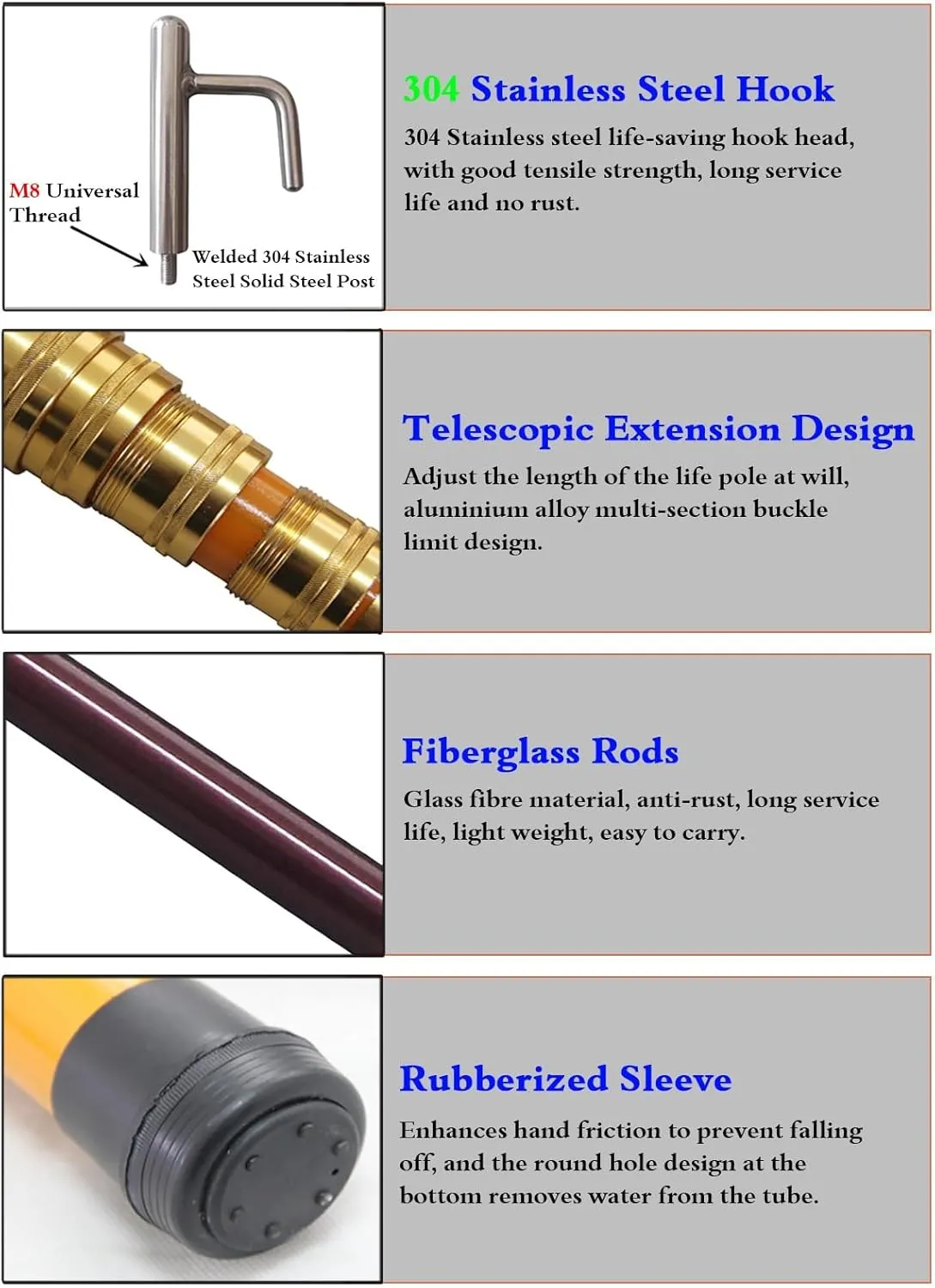 6 Pack Commercial Multifunctional Boat Hook Pole, Telescopic Rescue Pull Poles Equipment Heavy Duty for Drowning Victims, Professional & Utility Cargo Gripping Tool(Brown,4M/13.1FT)