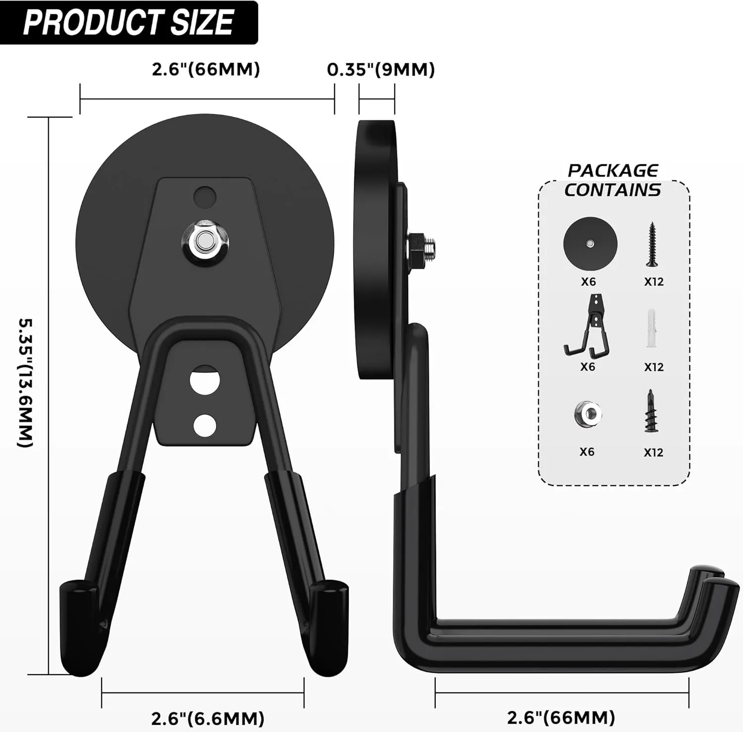 6 Pack Heavy Duty Storage Magnetic Utility Hooks Large Garage Strong Extra Magnet Hooks Hanger with Anti-Slip Coating Heavy Duty Magnetic Hooks for Hanging Power Dril Garage Garden Tools Black