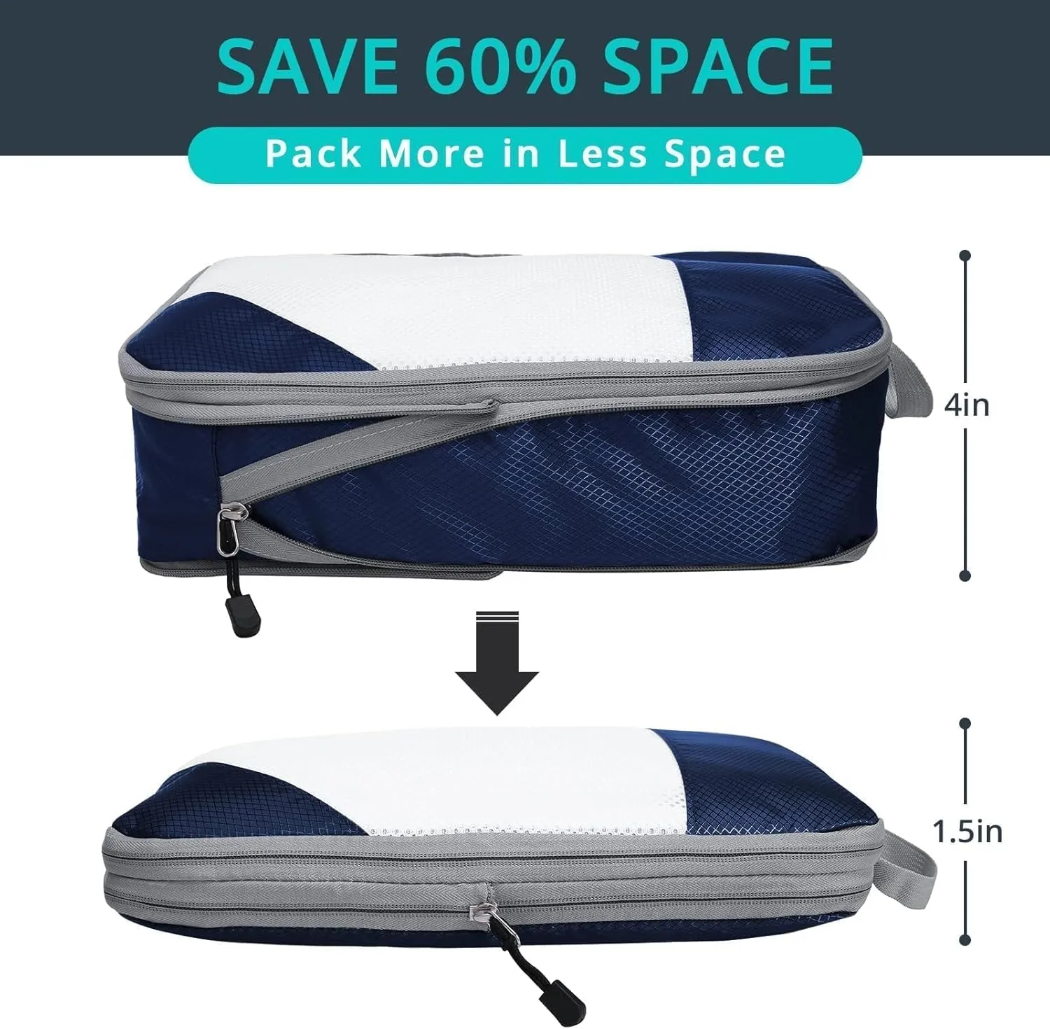 6 Set Compression Packing Cubes for Travel - Compressible, Lightweight, and Space-Saving Packing Cubes, Travel Essentials for Women, Navy