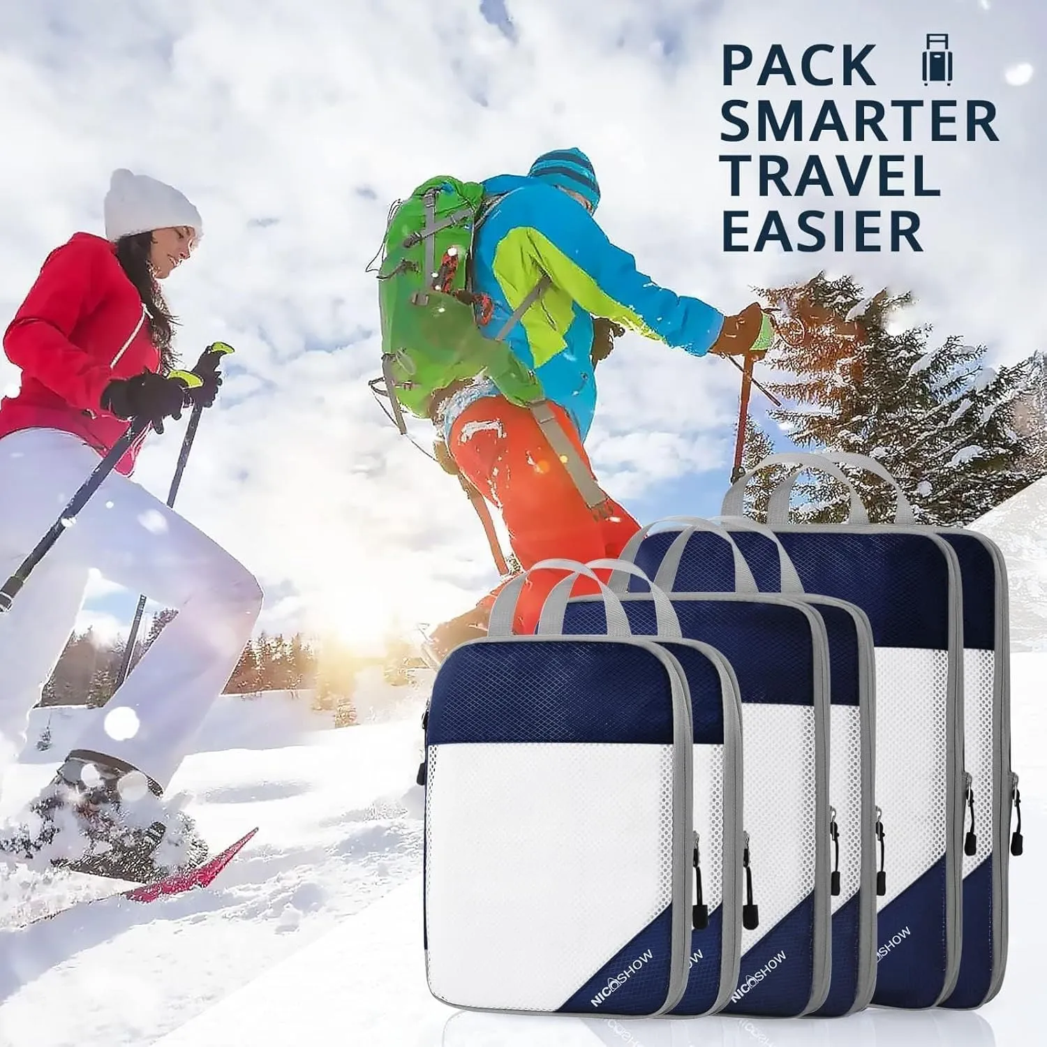 6 Set Compression Packing Cubes for Travel - Compressible, Lightweight, and Space-Saving Packing Cubes, Travel Essentials for Women, Navy