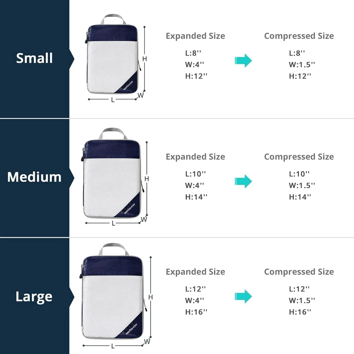 6 Set Compression Packing Cubes for Travel - Compressible, Lightweight, and Space-Saving Packing Cubes, Travel Essentials for Women, Navy