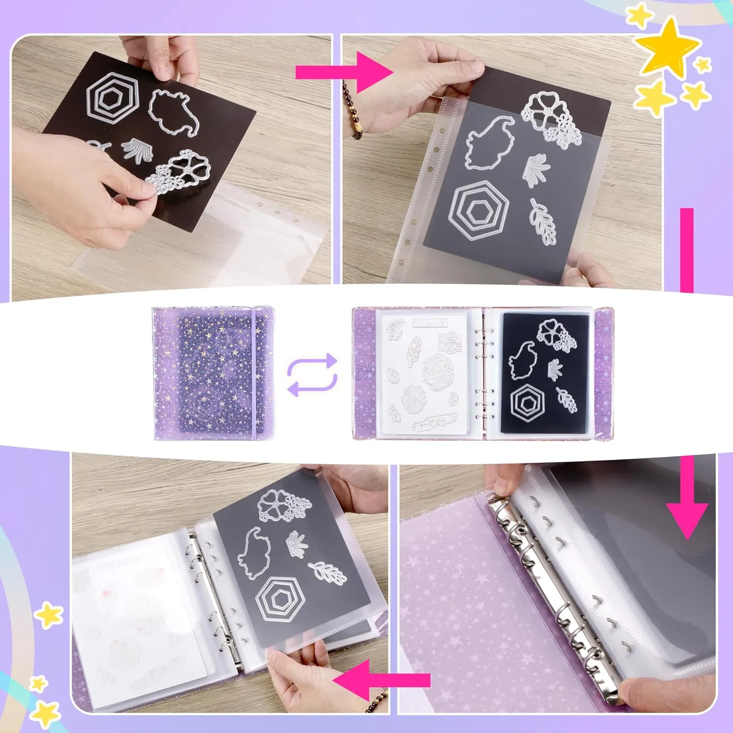 60pcs Magnetic Sheets and Storage Bags for Stamps and Dies Storage with Album Pocket, Die Cut Storage Set for Storage Die Cutting,DIY Scrapbooking,Card Making Supplies (Purple 2 sets)