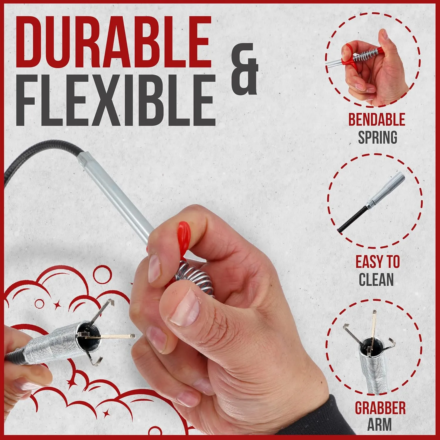 62" Snake Drain Clog Remover - Used as Hair Clog Remover for Sink, Shower, and Bathtub - Dryer Vent Cleaner, and as a Flexible Grabber Tool for Hard to Reach Places - By RAM-PRO