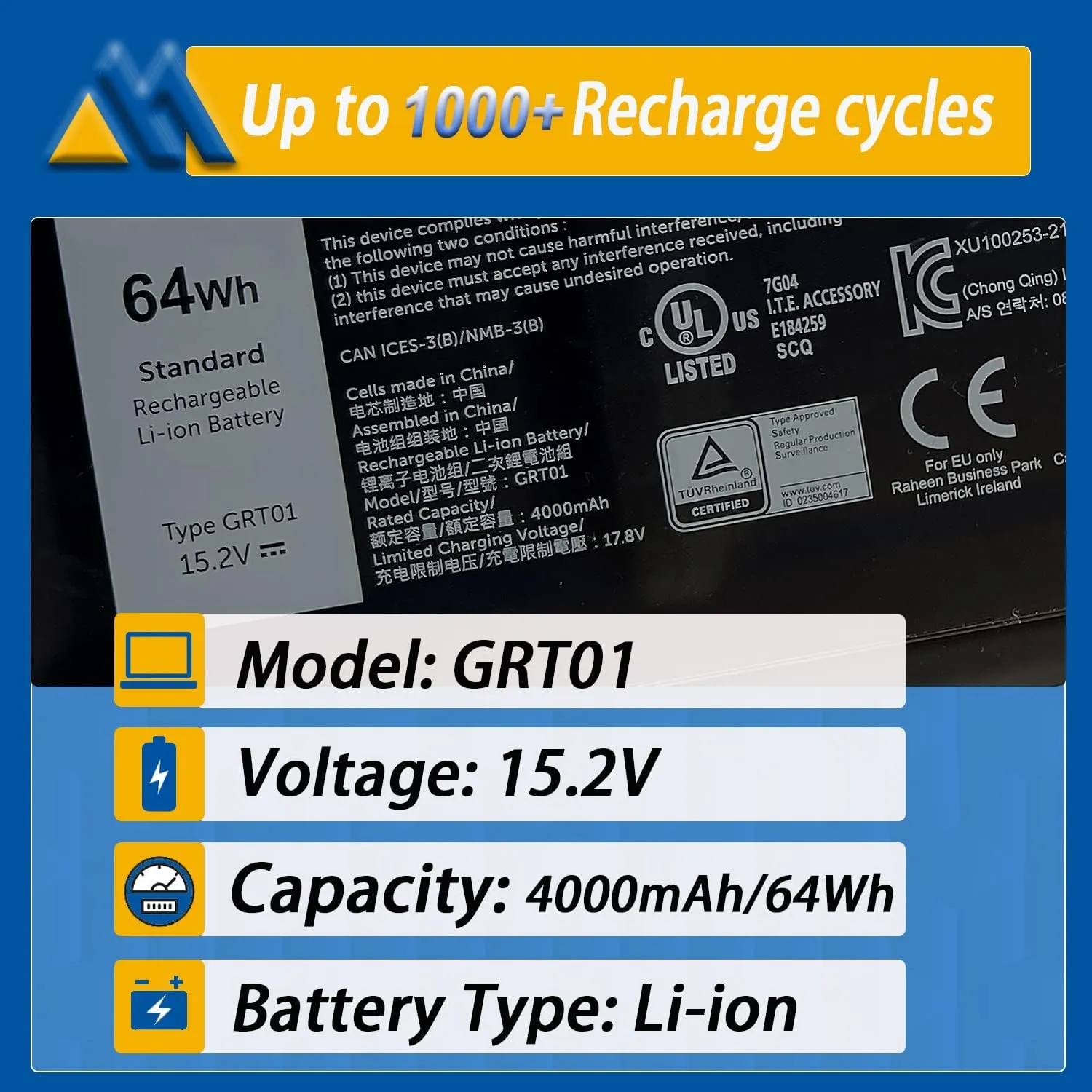 64Wh GRT01 Laptop Battery Replacement for Dell Latitude 15 5521 5531 14 5421 5431 Precision 3470 3561 3571 Alienware m17 R5 AMD Series R05P0 00P3TJ 0P3TJ VXD57 05RGW 9JRV0 15.2V 4000mAh 4-Cells