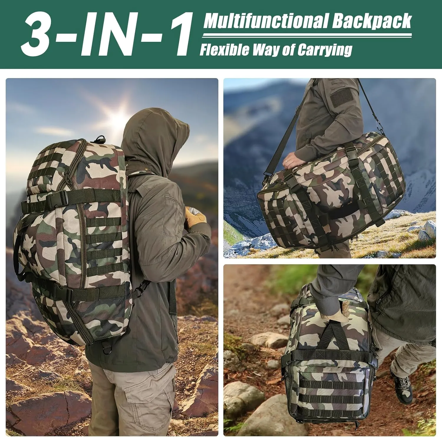 65L Large Duffle Bag, 3-in-1 Tactical Backpack MOLLE Pack for Gym, Sports, Outdoor, Woodland
