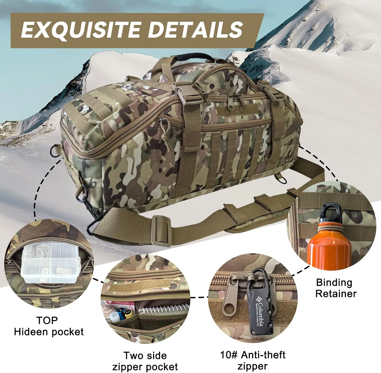 65L Large Duffle Bag, 3-in-1 Tactical Backpack MOLLE Pack for Sports, Gym, Outdoor, CP