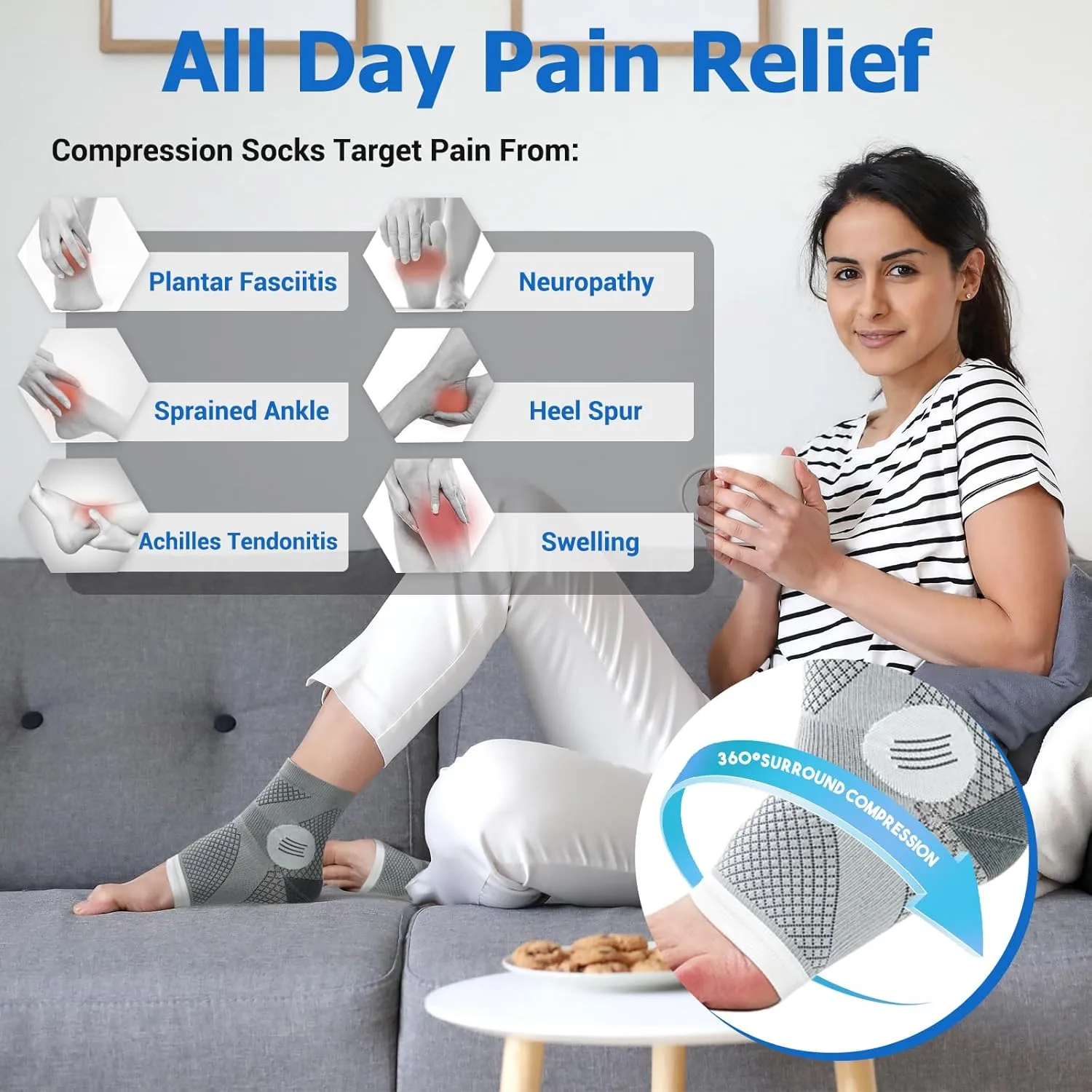 6Pairs Neuropathy Socks for Women and Men, Toeless Compression Socks, Soothe Relief Compression Socks, Compression Socks for Plantar Fasciitis, Achilles Tendonitis Relief, Arch Support (Small)