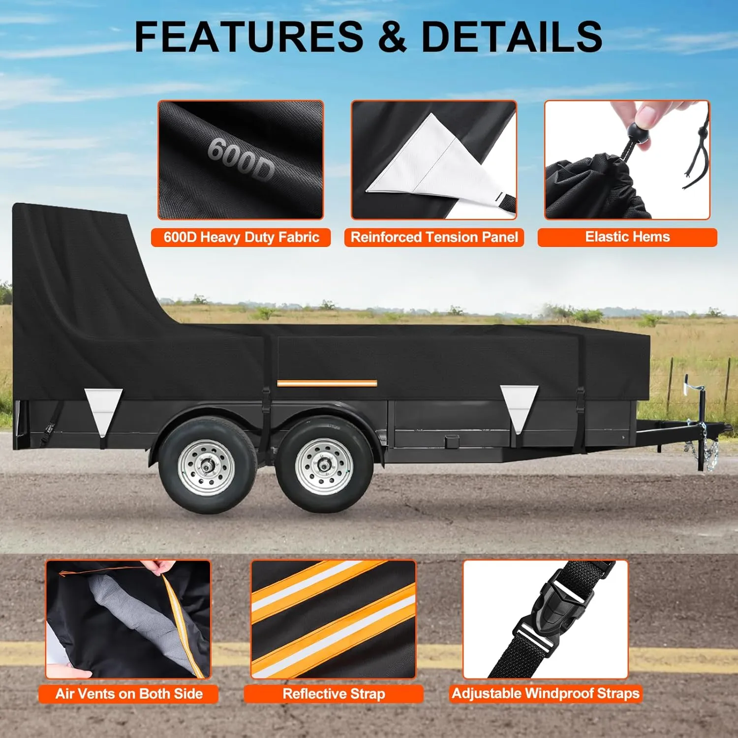 7 x 14 Windproof Utility Trailer Cover, 600D Waterproof Heavy Duty Cover with Rear Landscape/Tailgate Ramp with Windproof Ropes Fits 7 x 14 FT Trailers