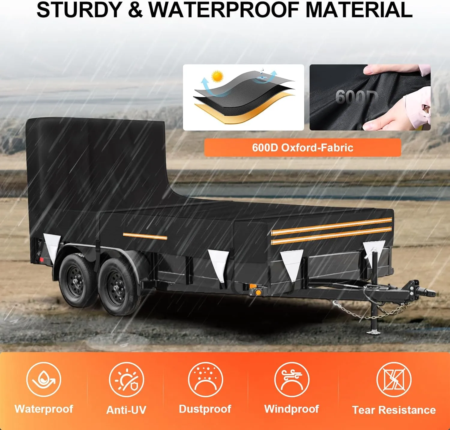 7 x 14 Windproof Utility Trailer Cover, 600D Waterproof Heavy Duty Cover with Rear Landscape/Tailgate Ramp with Windproof Ropes Fits 7 x 14 FT Trailers