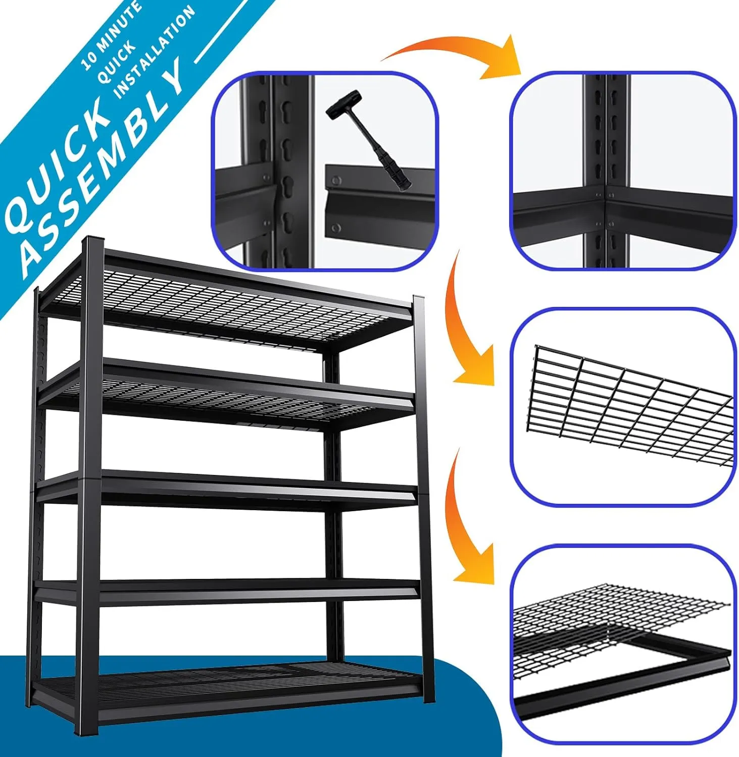 72''H Garage Shelving Heavy Duty 5-Tier Adjustable Storage Shelves Unit,3000 LBS Metal Utility Rack Shelf for Industries, Warehouses, Basement,Black (72'H x 36.1''W x 16''D)