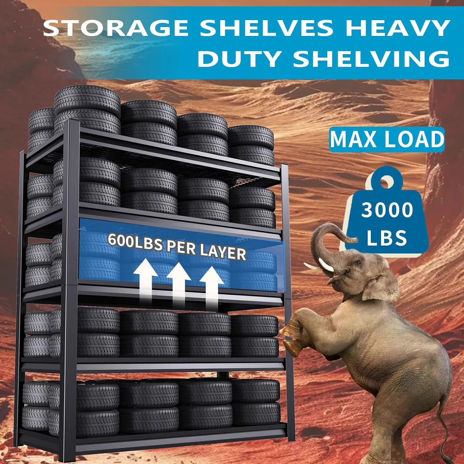 72''H Garage Shelving Heavy Duty 5-Tier Adjustable Storage Shelves Unit,3000 LBS Metal Utility Rack Shelf for Industries, Warehouses, Basement,Black (72'H x 36.1''W x 16''D)