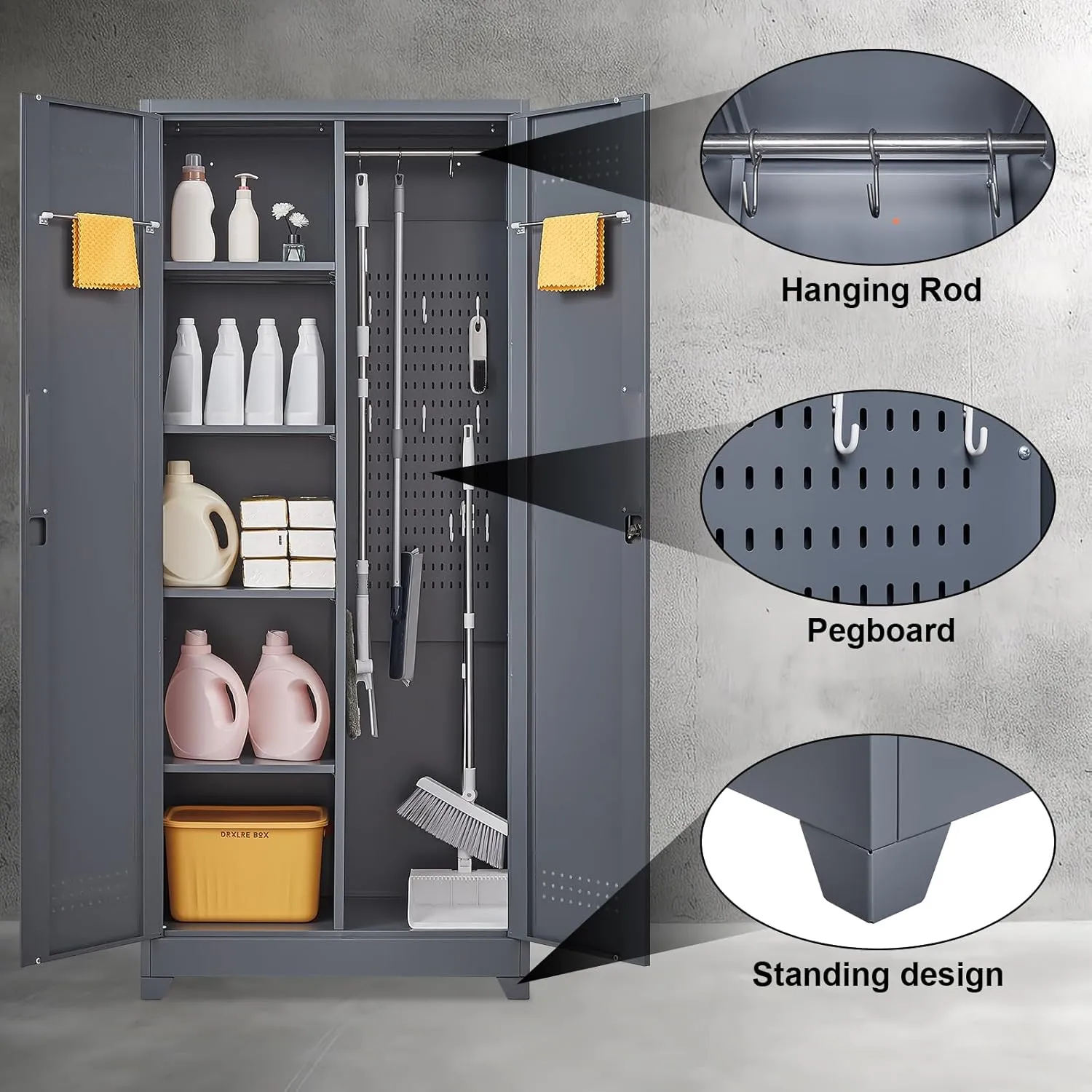 73" H Utility Storage Cabinet, Tall Cabinet with Doors and Shelves, File Cabinet with Pegboard, Heavy Duty Garage Storage Cabinets for Home Office, School, Basement, Gym