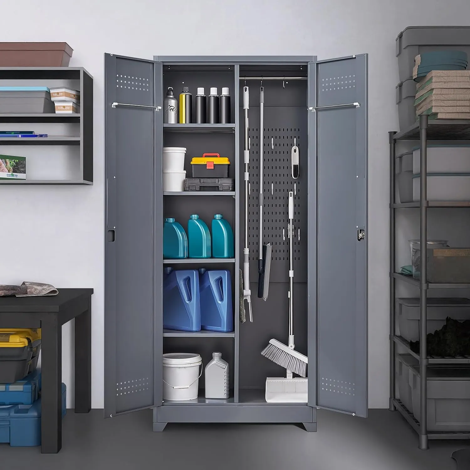 73" H Utility Storage Cabinet, Tall Cabinet with Doors and Shelves, File Cabinet with Pegboard, Heavy Duty Garage Storage Cabinets for Home Office, School, Basement, Gym