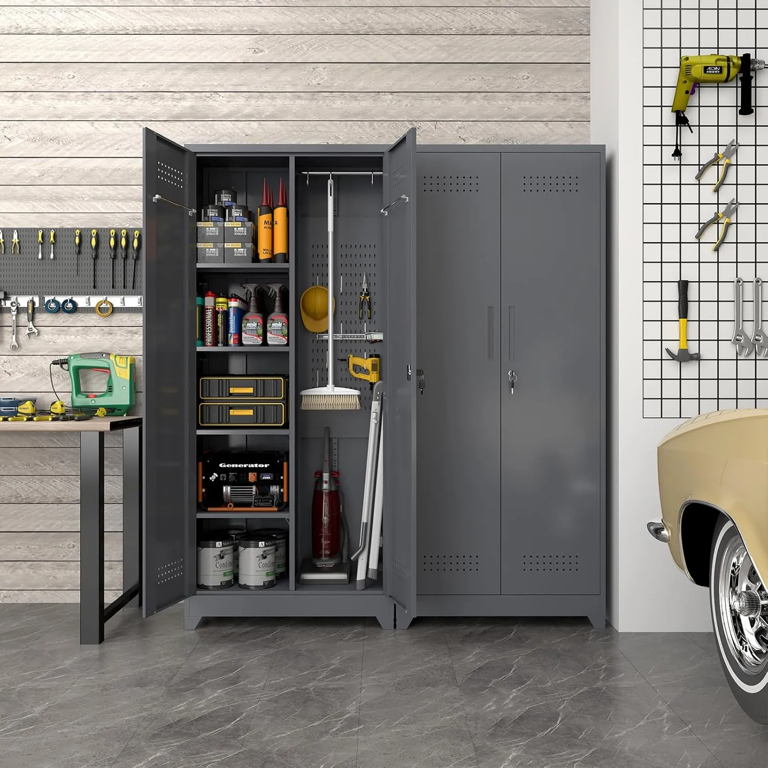 73" H Utility Storage Cabinet, Tall Cabinet with Doors and Shelves, File Cabinet with Pegboard, Heavy Duty Garage Storage Cabinets for Home Office, School, Basement, Gym