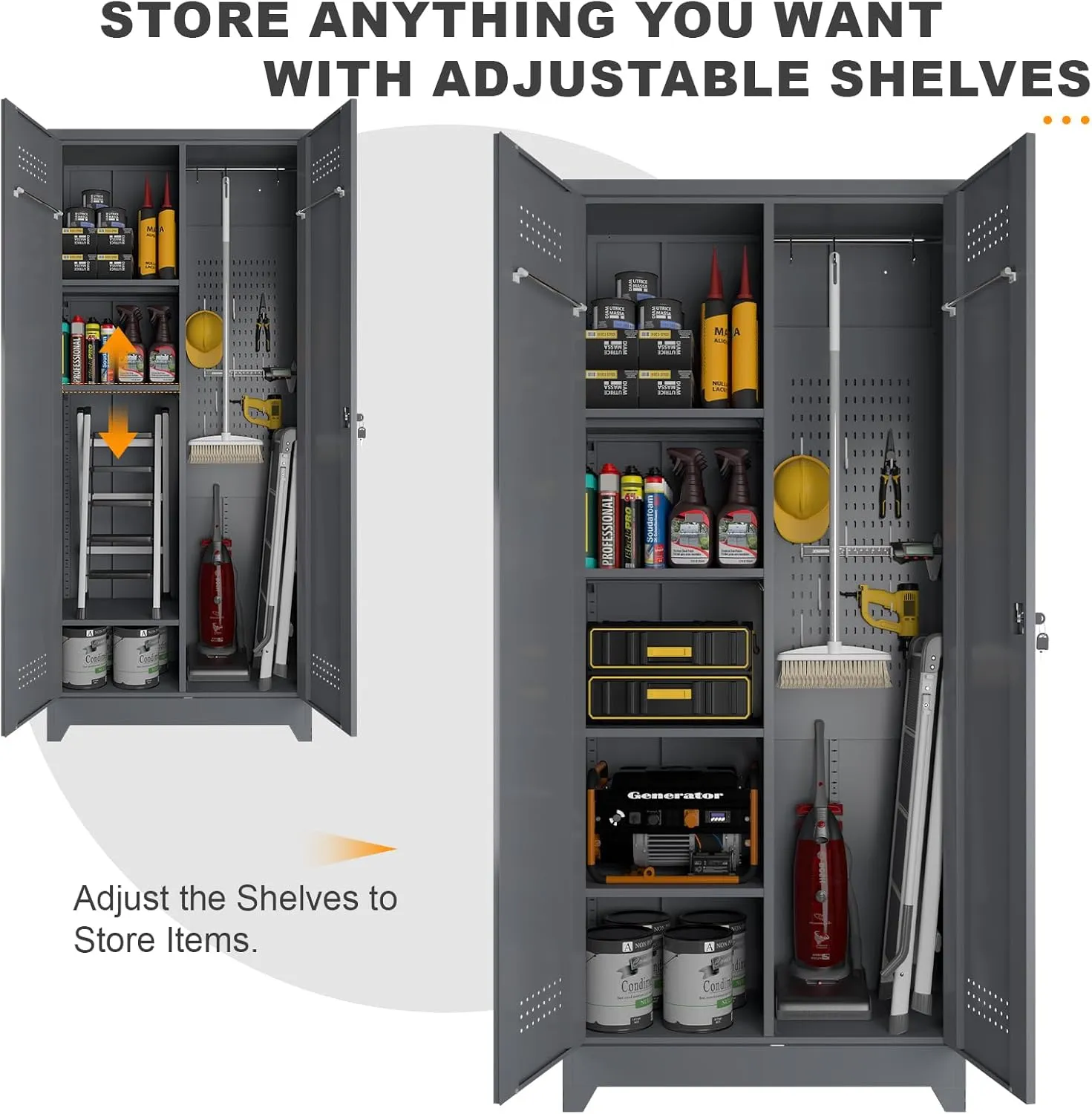 73" H Utility Storage Cabinet, Tall Cabinet with Doors and Shelves, File Cabinet with Pegboard, Heavy Duty Garage Storage Cabinets for Home Office, School, Basement, Gym