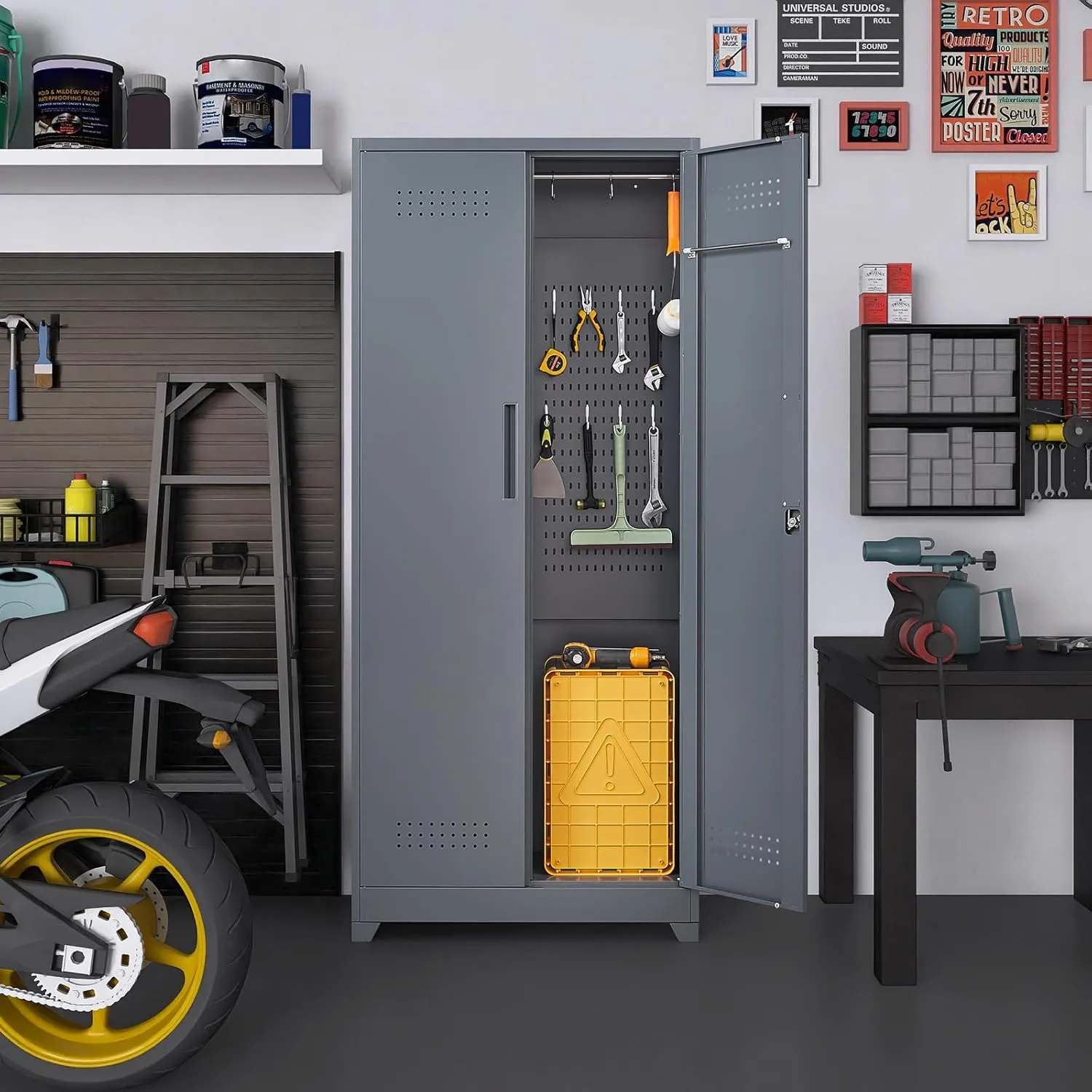 73" H Utility Storage Cabinet, Tall Cabinet with Doors and Shelves, File Cabinet with Pegboard, Heavy Duty Garage Storage Cabinets for Home Office, School, Basement, Gym