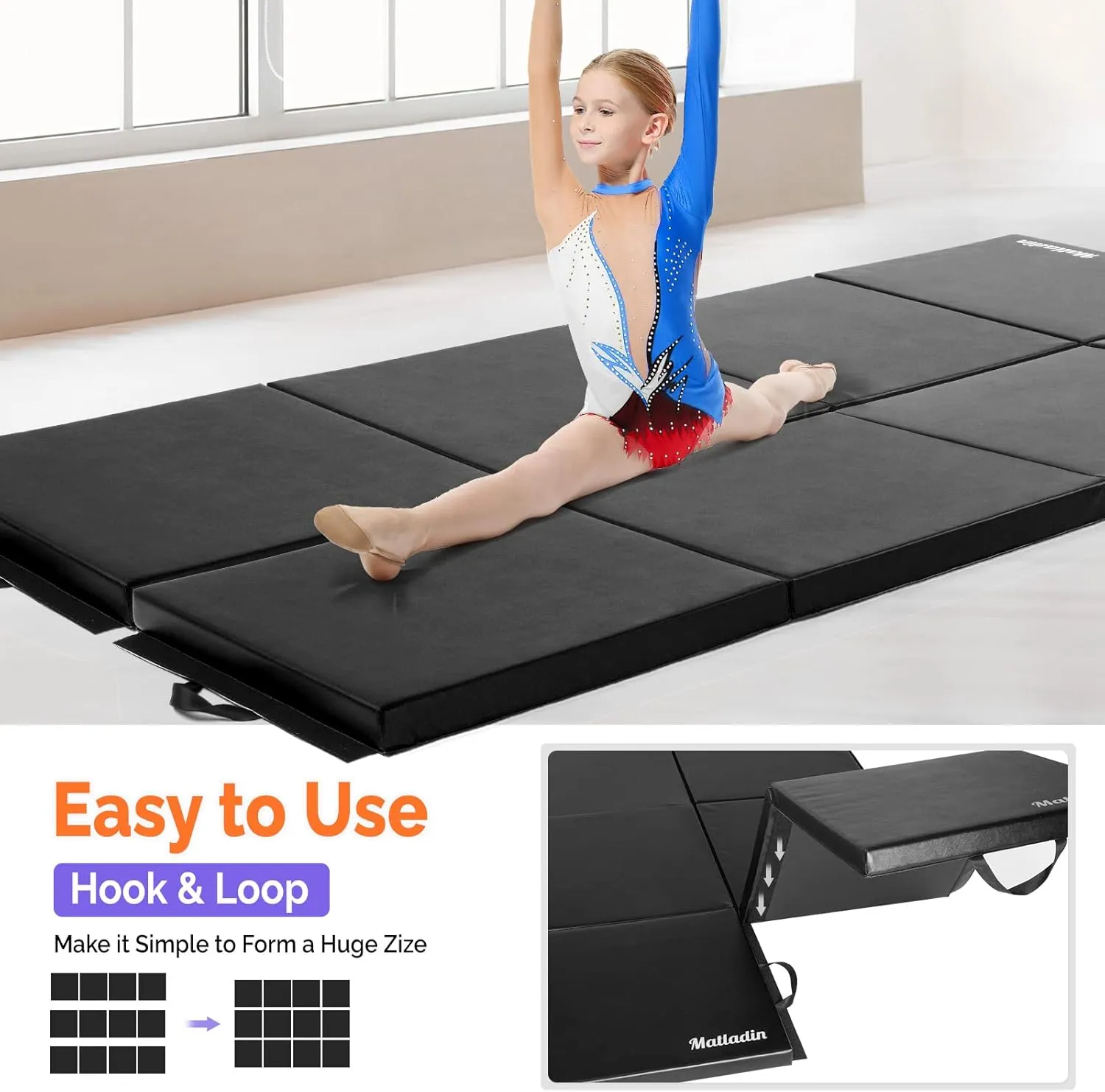 8' Folding Gymnastics Gym Exercise Aerobics Mat, 8ft x 2ft x 2in PU Leather Tumbling Mats with Hook & Loop Fastener for Stretching Yoga Cheerleading Martial Arts
