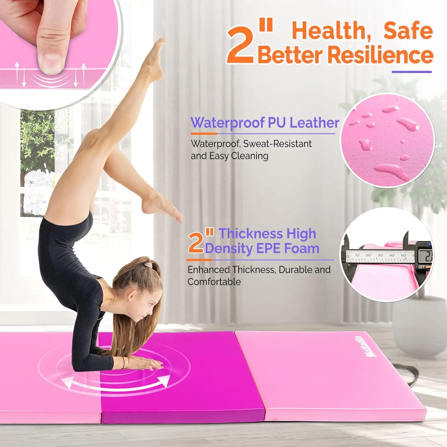 8' Folding Gymnastics Gym Exercise Aerobics Mat, 8ft x 2ft x 2in PU Leather Tumbling Mats with Hook & Loop Fastener for Stretching Yoga Cheerleading Martial Arts