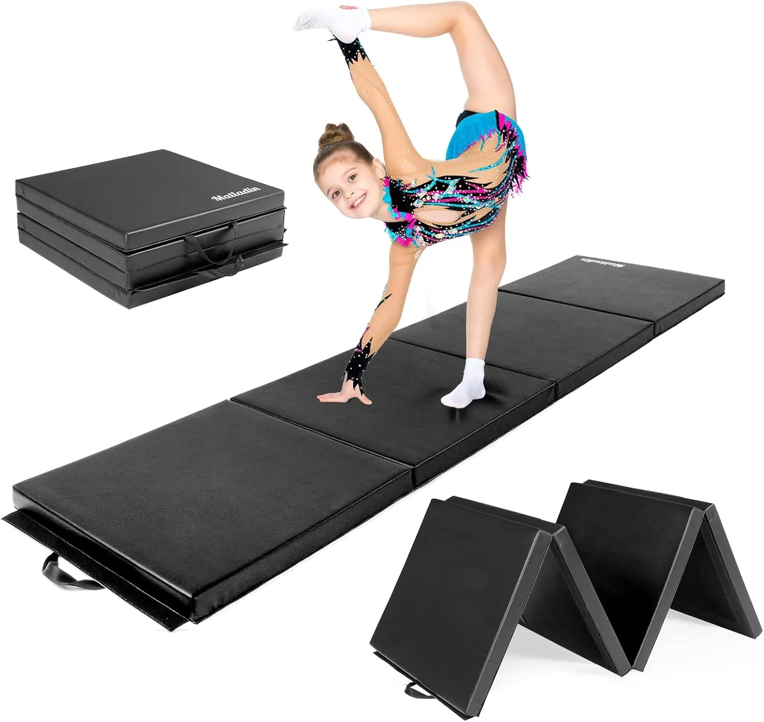 8' Folding Gymnastics Gym Exercise Aerobics Mat, 8ft x 2ft x 2in PU Leather Tumbling Mats with Hook & Loop Fastener for Stretching Yoga Cheerleading Martial Arts