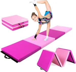 8' Folding Gymnastics Gym Exercise Aerobics Mat, 8ft x 2ft x 2in PU Leather Tumbling Mats with Hook & Loop Fastener for Stretching Yoga Cheerleading Martial Arts