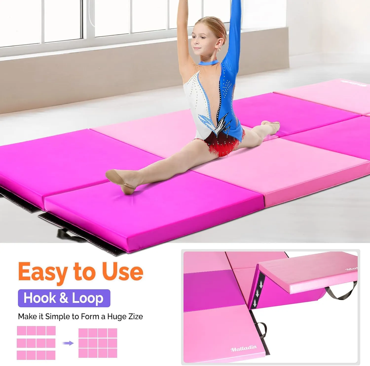 8' Folding Gymnastics Gym Exercise Aerobics Mat, 8ft x 2ft x 2in PU Leather Tumbling Mats with Hook & Loop Fastener for Stretching Yoga Cheerleading Martial Arts