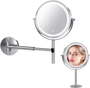 8 inch LED Wall Mounted Makeup Mirror, Double Sided 1X/3X Magnifying 3 Color Lighting Touch Screen Dimming 360º Rotation Vanity Mirror, Desktop Handheld Bathroom Shaving Mirror