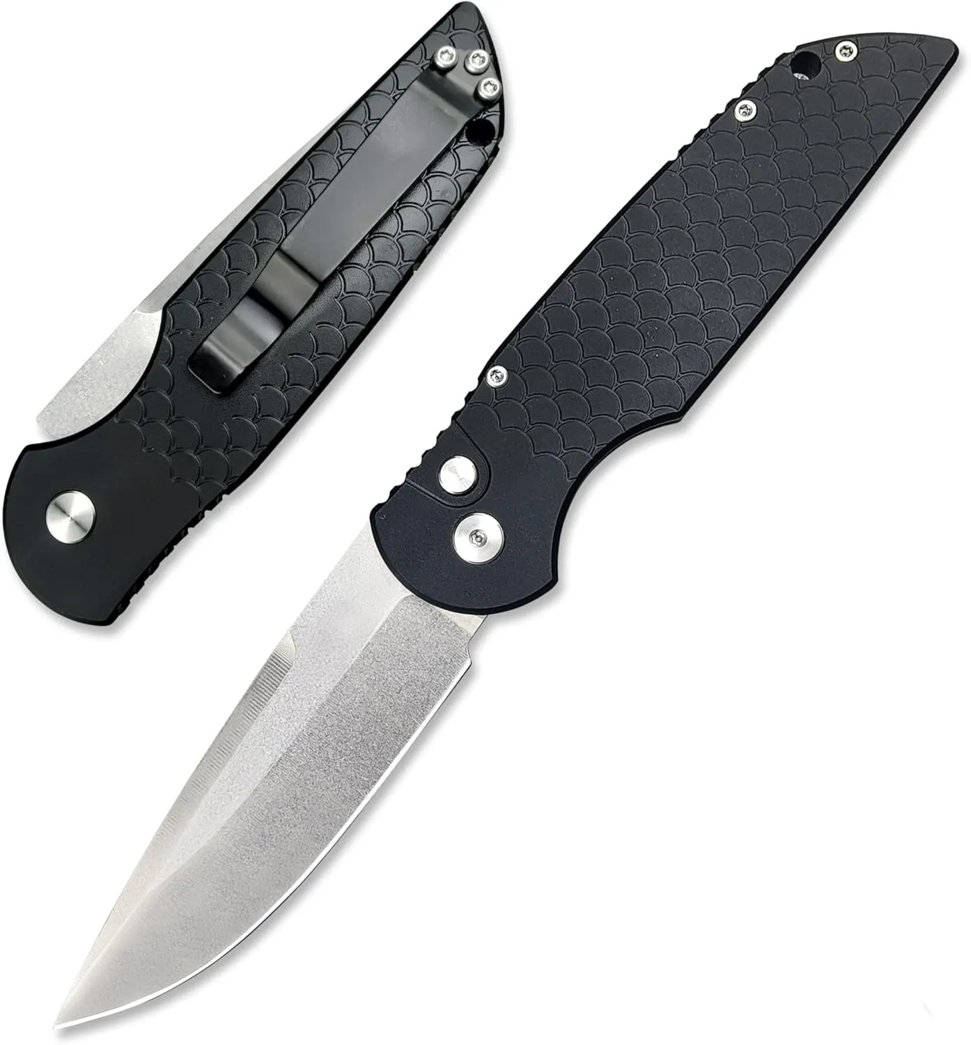 8" Assisted Opening Outdoor Tatical Folding Knife,Button Lock Pocket Knives,D2 Blade Non-Slip Aluminium Alloy Fish Scale Engraved Handle EDC Hunting Tool With Pocket Clip