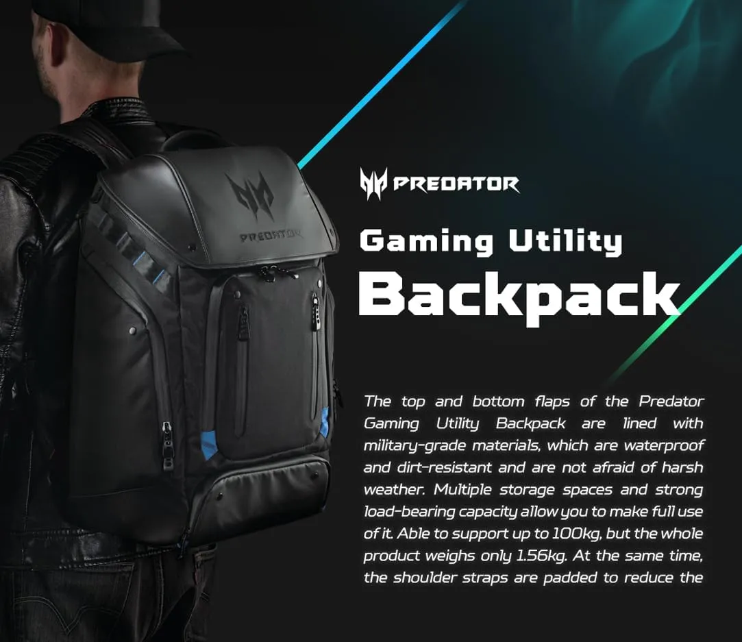 Acer PBG591 Predator Utility Gaming Backpack, Water Resistant and Tear Proof Travel Backpack Fits and Protects Up to 17.3" Predator Gaming Laptop, Black with Teal Accents