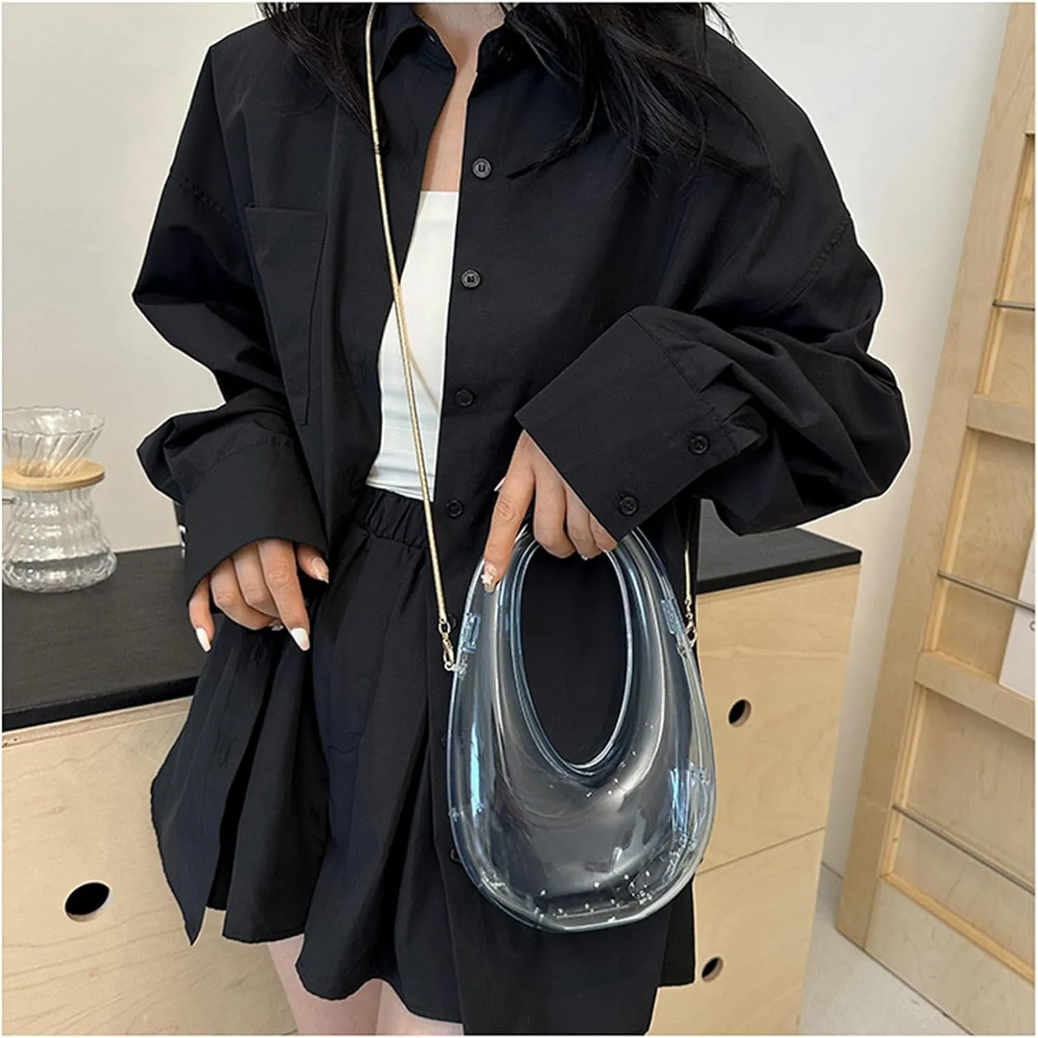 Acrylic Moon Shape Evening Clutch Purse For Women Metal Chains Unique Shoulder Bag Handbag For Wedding Party Prom (Blue,Female,Adult)