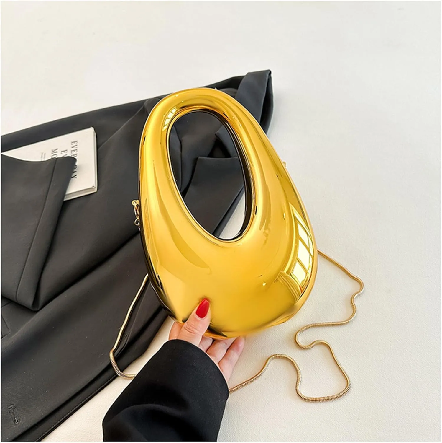 Acrylic Moon Shape Evening Clutch Purse For Women Metal Chains Unique Shoulder Bag Handbag For Wedding Party Prom (Golden,Female,Adult)