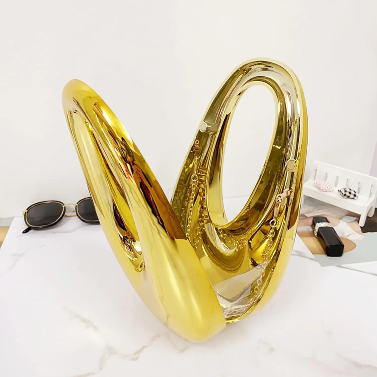 Acrylic Moon Shape Evening Clutch Purse For Women Metal Chains Unique Shoulder Bag Handbag For Wedding Party Prom (Golden,Female,Adult)