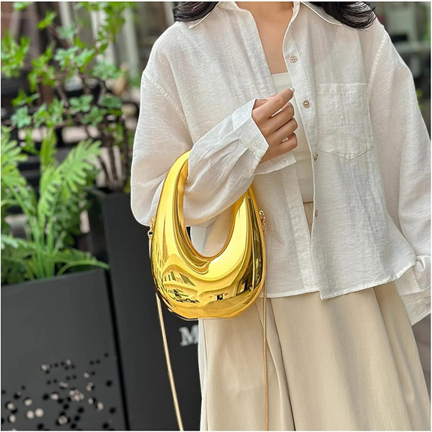 Acrylic Moon Shape Evening Clutch Purse For Women Metal Chains Unique Shoulder Bag Handbag For Wedding Party Prom (Golden,Female,Adult)