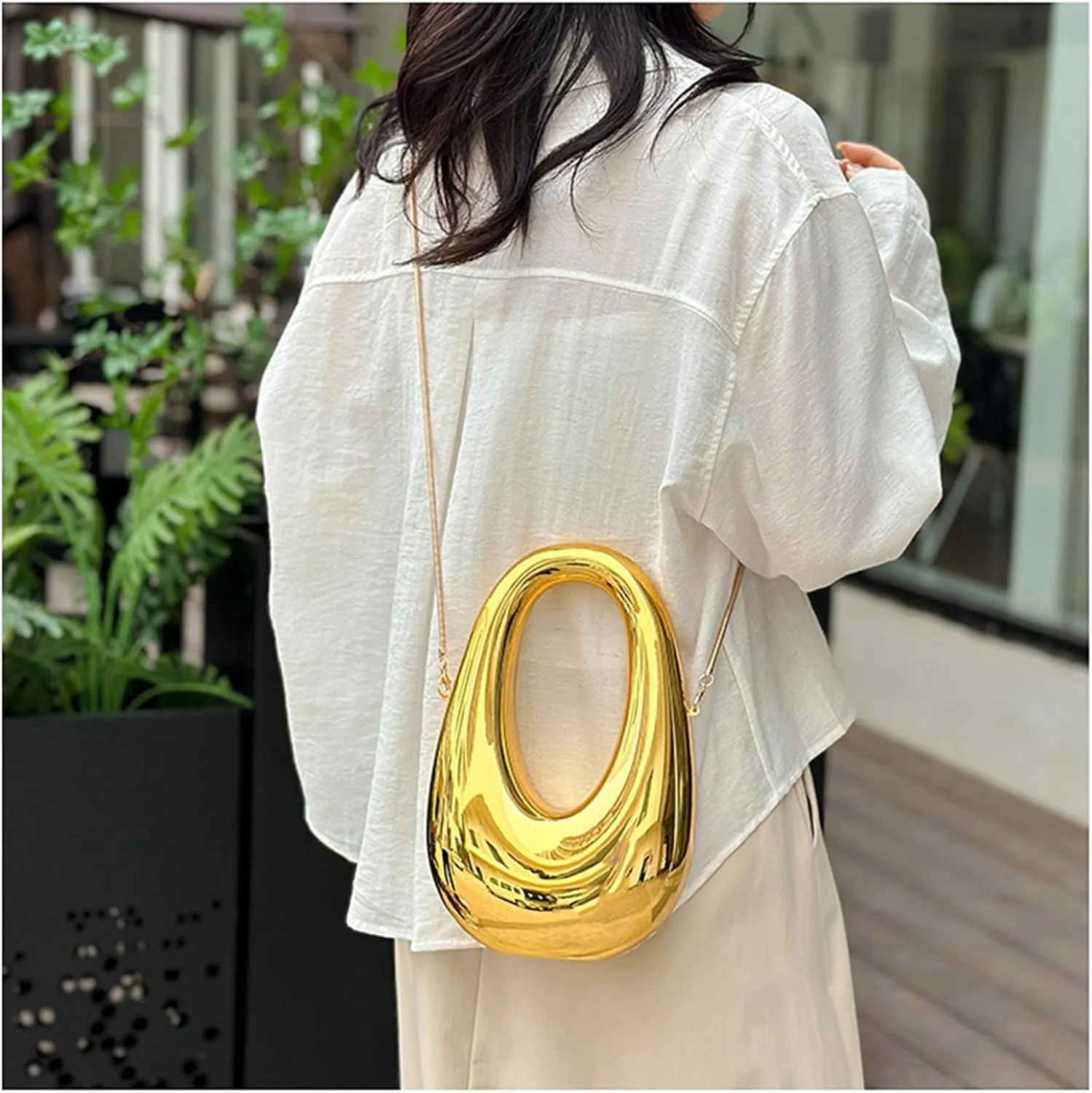 Acrylic Moon Shape Evening Clutch Purse For Women Metal Chains Unique Shoulder Bag Handbag For Wedding Party Prom (Golden,Female,Adult)