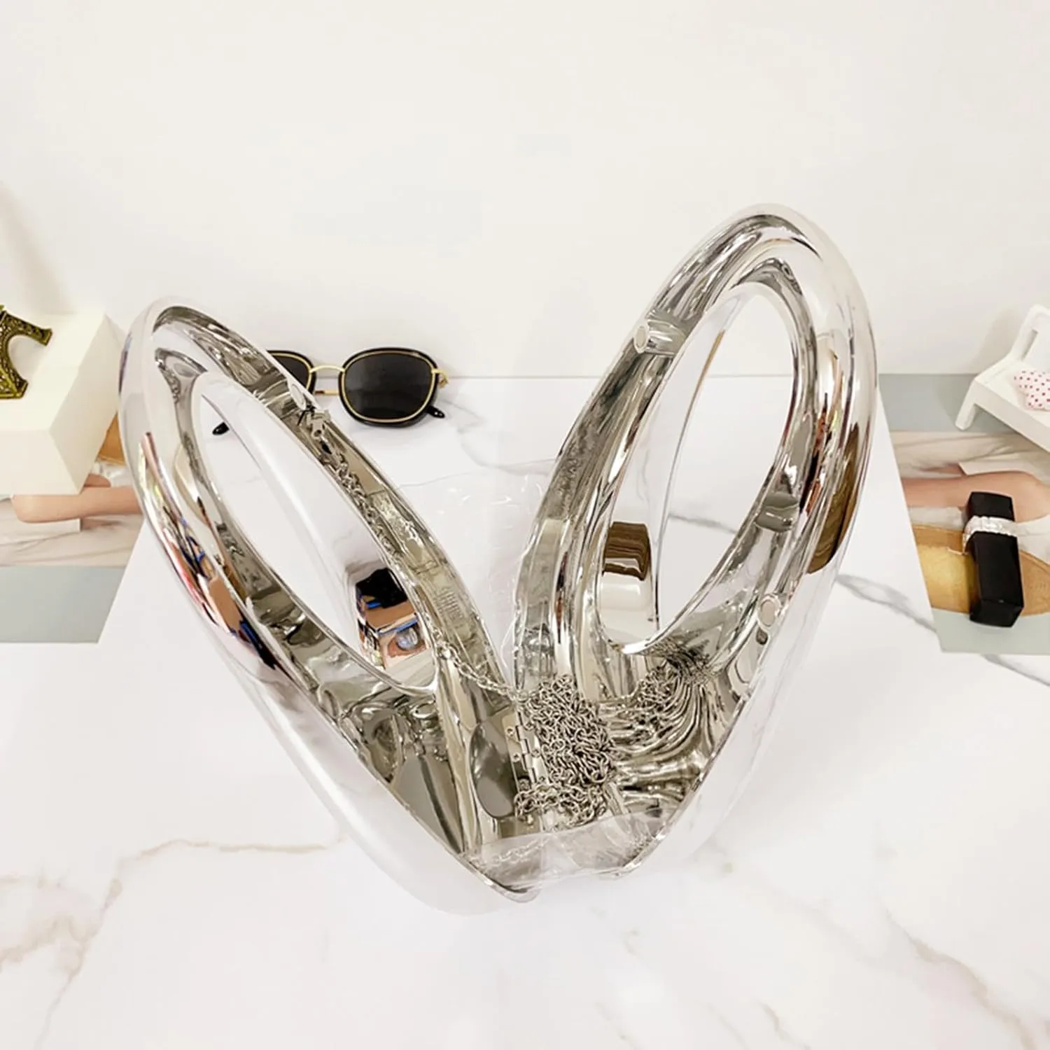 Acrylic Moon Shape Evening Clutch Purse For Women Metal Chains Unique Shoulder Bag Handbag For Wedding Party Prom (Silver,Female,Adult)