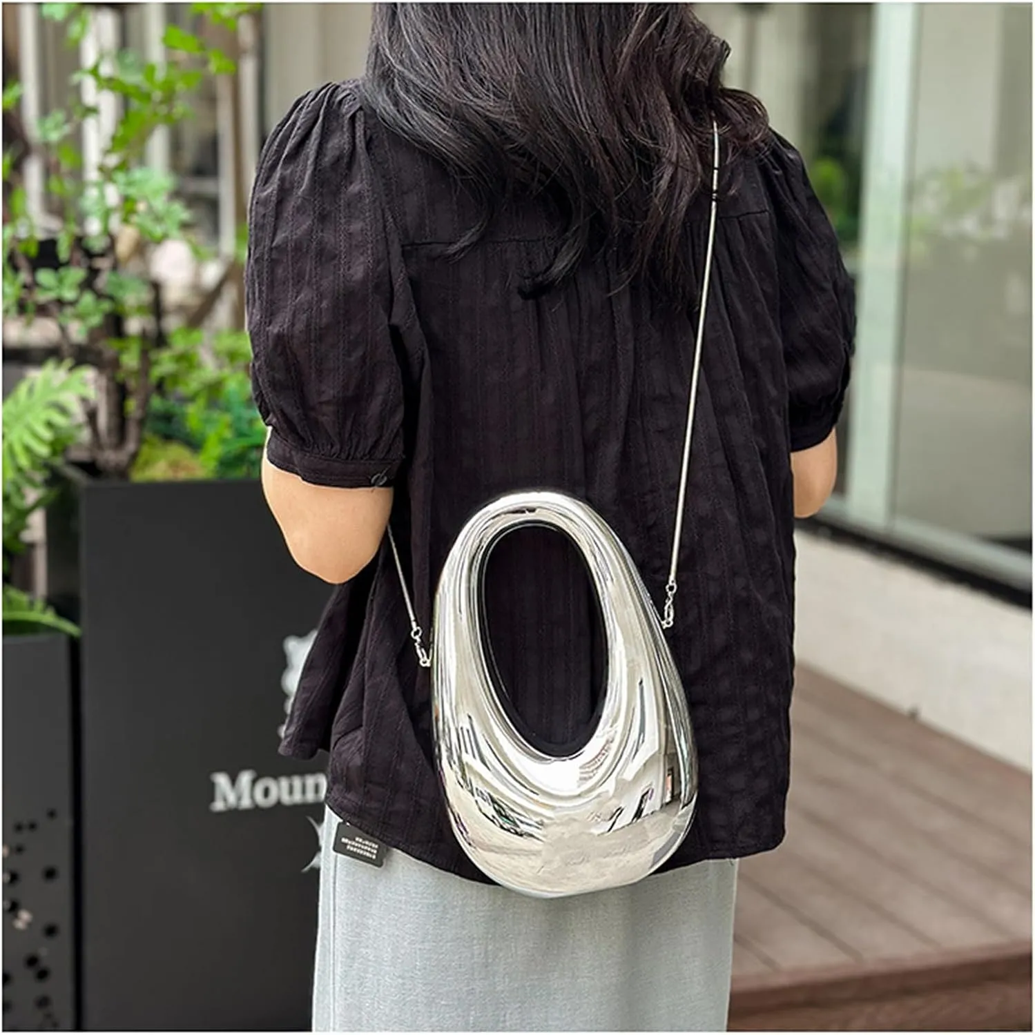 Acrylic Moon Shape Evening Clutch Purse For Women Metal Chains Unique Shoulder Bag Handbag For Wedding Party Prom (Silver,Female,Adult)