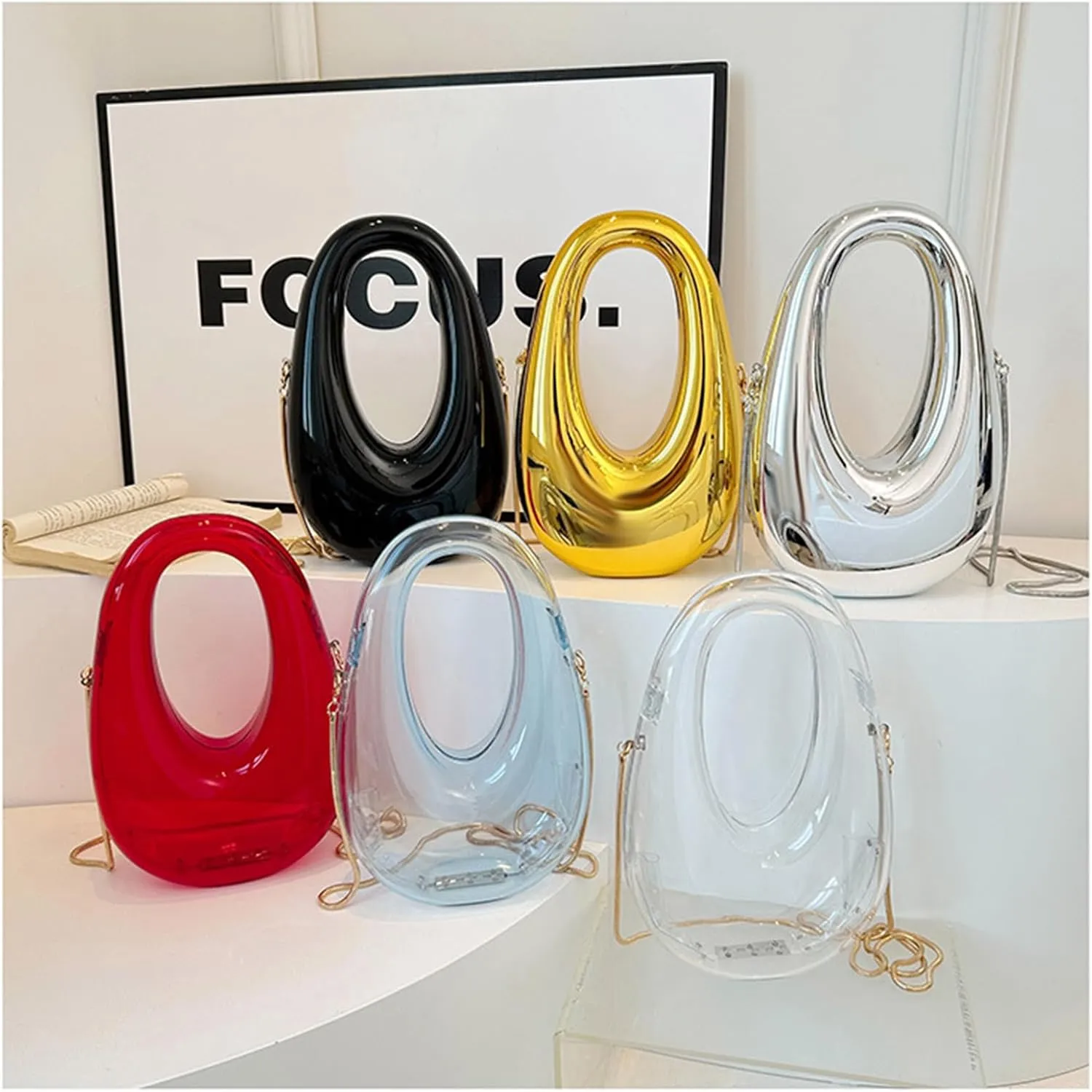 Acrylic Moon Shape Evening Clutch Purse For Women Metal Chains Unique Shoulder Bag Handbag For Wedding Party Prom (Silver,Female,Adult)