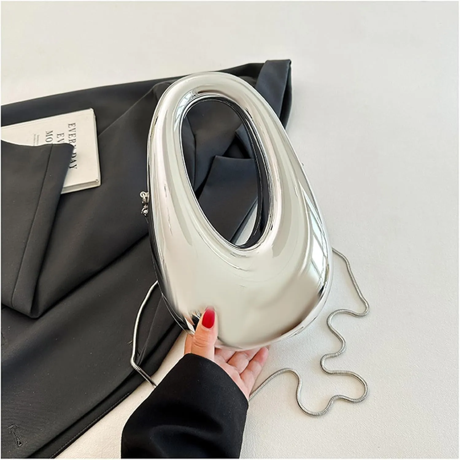 Acrylic Moon Shape Evening Clutch Purse For Women Metal Chains Unique Shoulder Bag Handbag For Wedding Party Prom (Silver,Female,Adult)