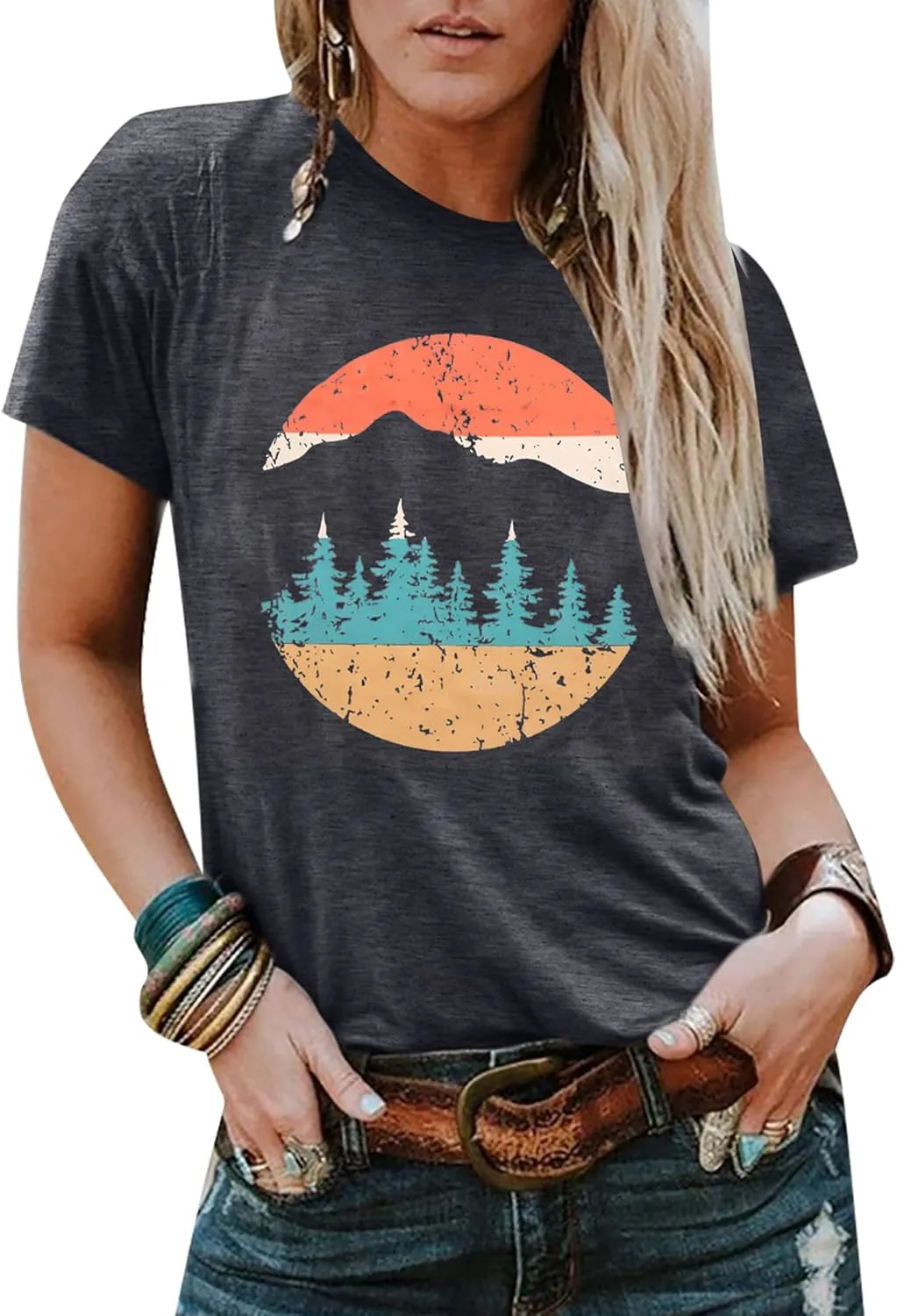 Adventure Shirts Women Funny Nature Graphic Tee Retro Camping Mountain T-Shirt Vintage Hiking Tops Casual Highway Tee