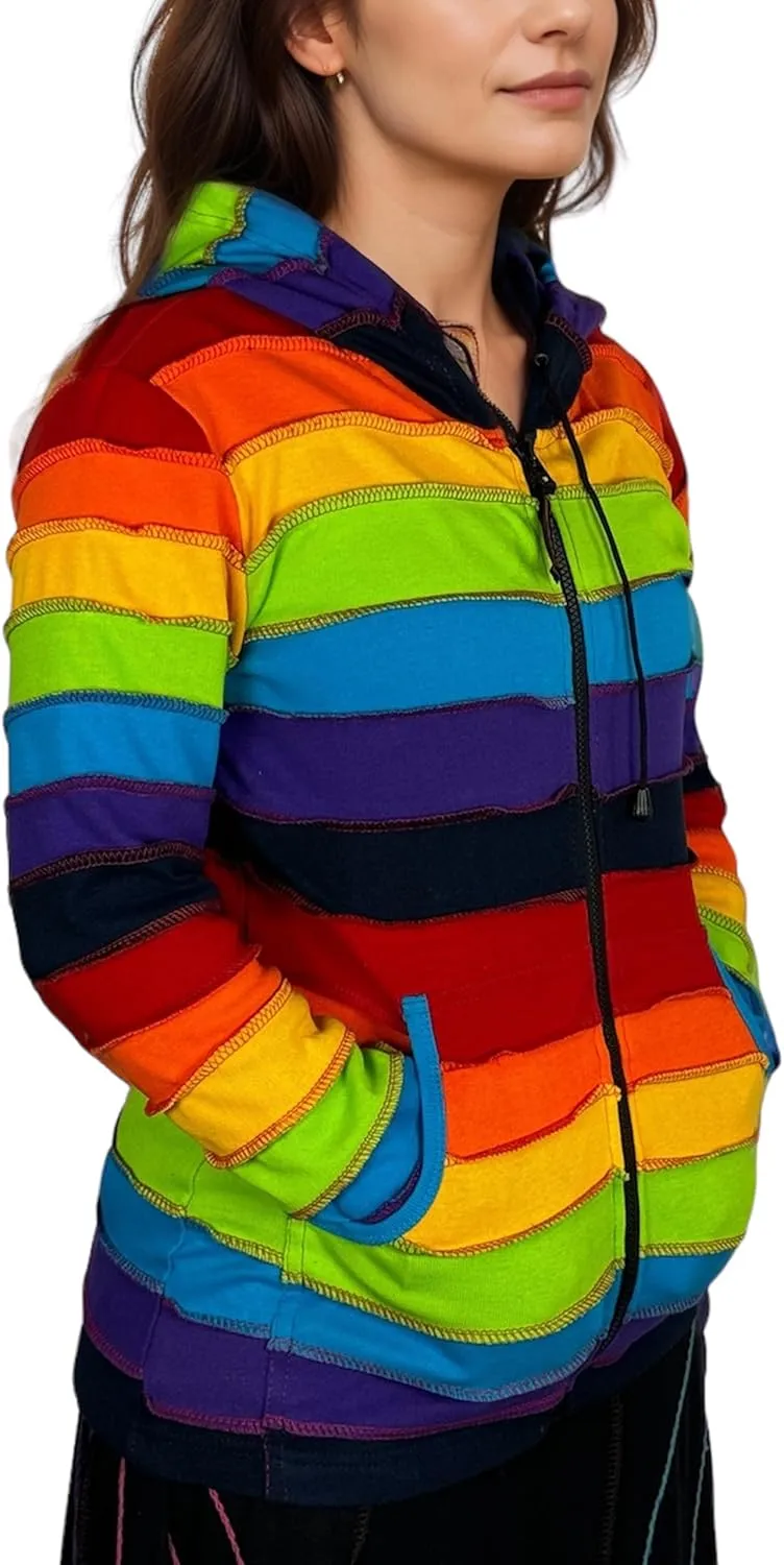 Agan Traders 2025 Spring Rainbow Printed Knit Cotton Lightweight Hoodie - Bohemian Hippie Gypsy Zip Up Jackets for Women